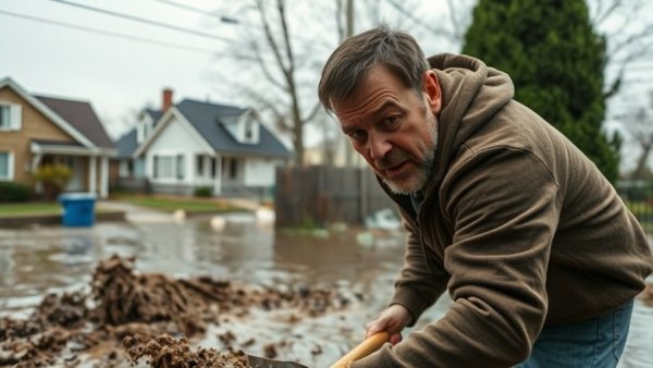 Post-storm cleanup in a flooded backyard under overcast skies.
