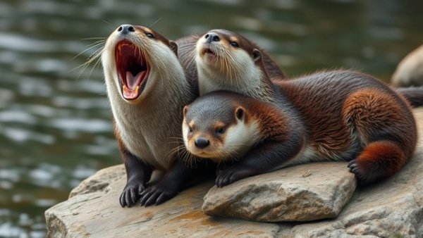 Two otters at Santa Ana Zoo River's Edge exhibit, one yawning widely.