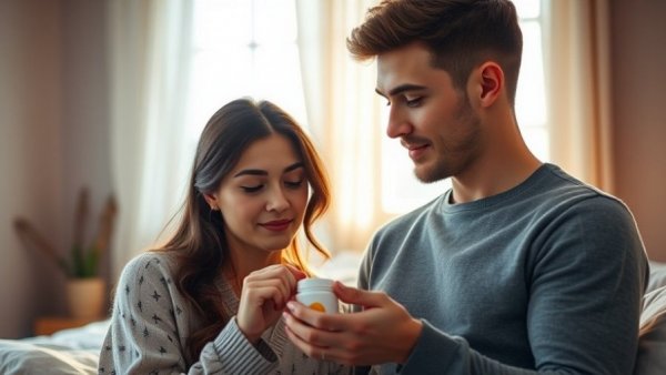 Young couple and selenium supplement benefits.