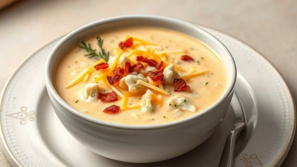Lightened Up Cheddar Cauliflower Broccoli Soup in white bowl with bacon.