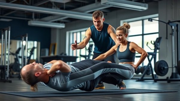 Older adults strength training with ab rollers in gym.