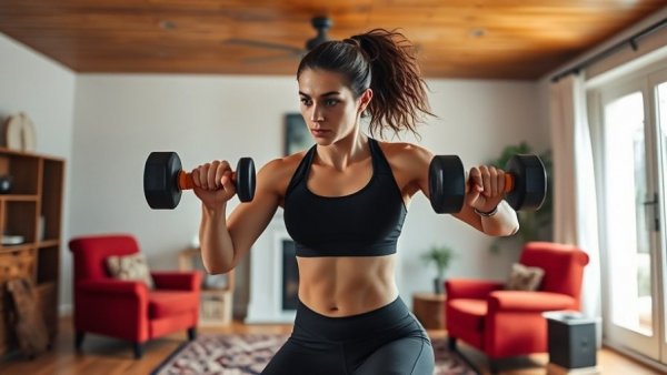 Woman's winter travel dumbbell workout in cozy interior setting.