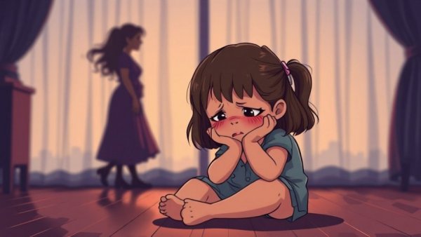 Grieving child with parents' silhouettes in background, sadness theme.