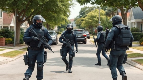 Heavily armored federal agents on street amid California law on masks.