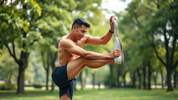 Athlete stretches leg muscles in a park illustrating benefits of runner's stretch.
