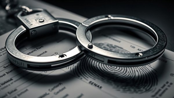 Metallic handcuffs on a fingerprint card, illustrating legal investigation.