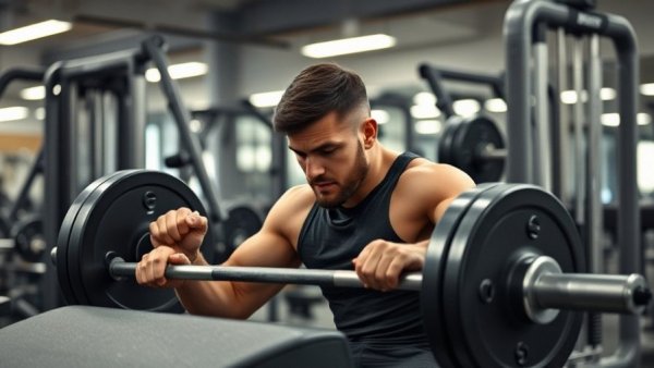 Man performing chest and triceps workout with intense focus in gym.