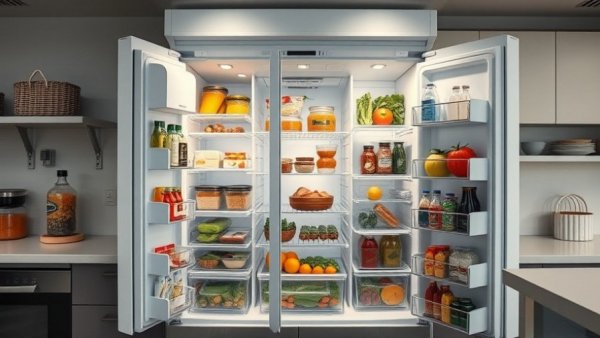 DIY refrigerator repair visualization with open fridge displaying contents.