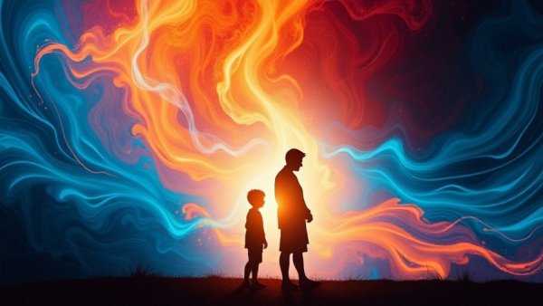 Symbolic image of healing generational trauma with ancestors and light.