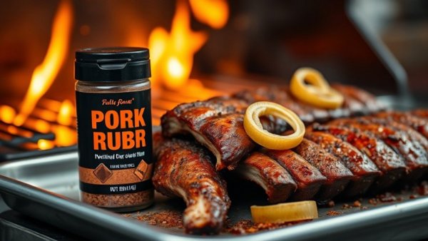 Beer-infused rub next to ribs and onions on a metal tray.
