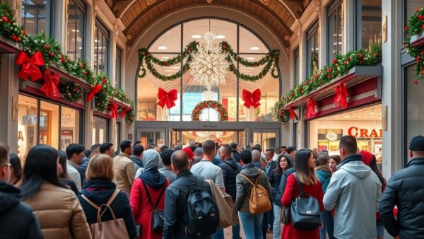 Outdoor shopping mall with holiday shoppers and decorations during the holiday season.