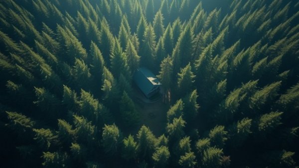 Aerial view of secluded house in dense forest.