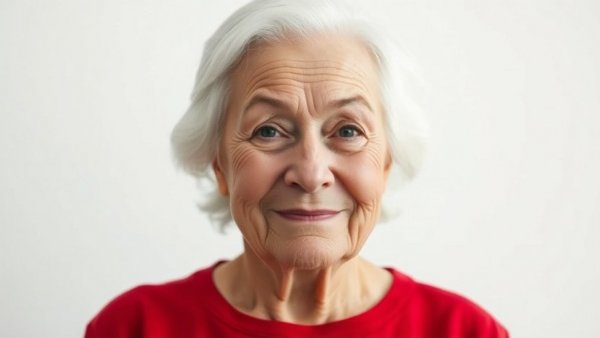 White-haired elderly woman in a red top with a subtle smile.