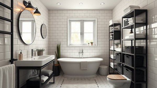 Efficient bathroom storage solutions for small spaces with open shelves and baskets.