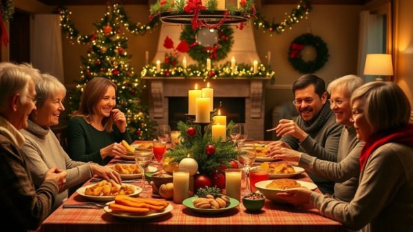 Celebrate Christmas in Fresno: festive dinner gathering around a decorated table.