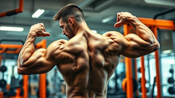 Muscular man doing back workout in gym with intense focus, vibrant setting.