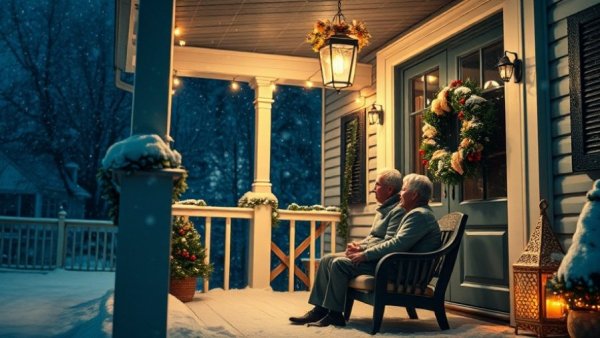 Elderly couple conversing on a snowy porch, highlighting the importance of deep listening.