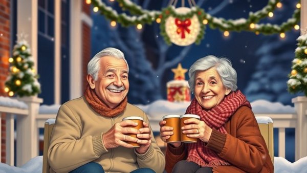 Elderly couple enjoying a quiet winter evening on a decorated porch.