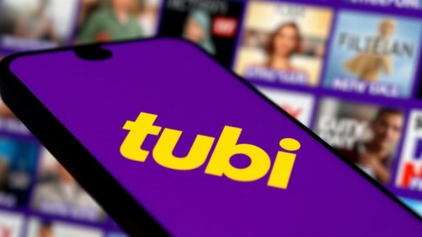 Tubi streaming service logo on smartphone with streaming thumbnails.