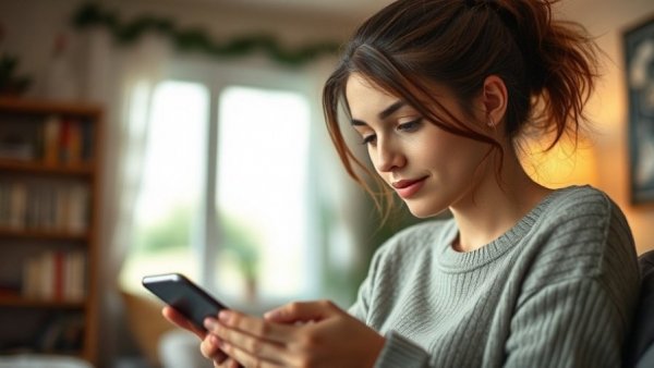 Young woman using weight loss app in cozy setting.
