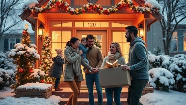 Family moving during the holiday season with festive decorations.