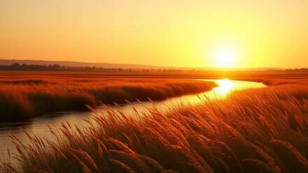 Serene sunset river landscape with golden sky reflection.