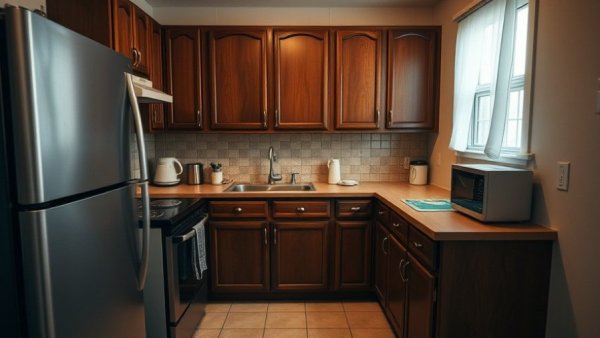 2000s kitchen transformation: Small kitchen with brown cabinets and granite counters.