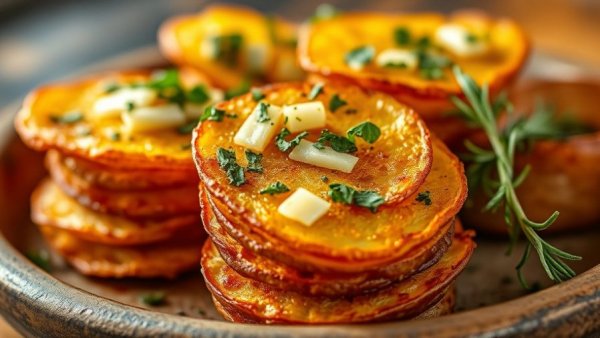 Crispy Cacio e Pepe Potato Stacks on a rustic platter.