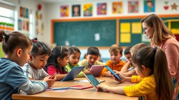 California K-12 schools funding challenges depicted in an interactive classroom scene with kids using tablets.