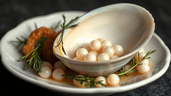 Gourmet dish with clam shell and pearls on New Year's Eve in San Diego.