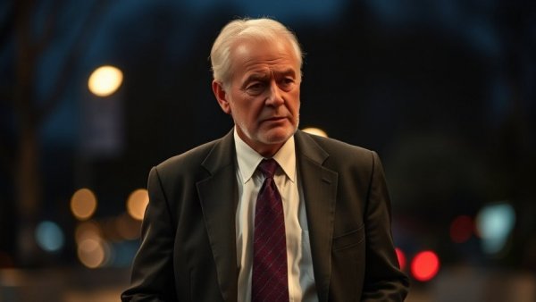 Elderly man walks at night with blurred lights.