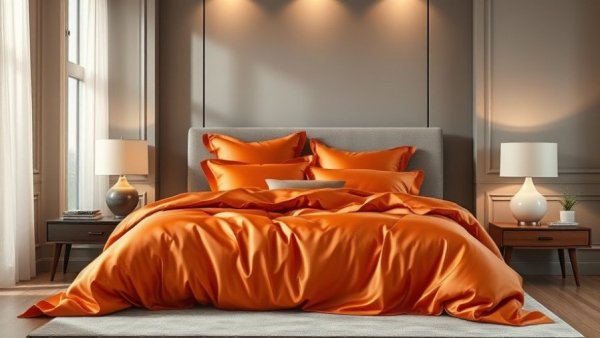 Luxurious bedroom with orange silk bedding in affordable luxury Quince sale.