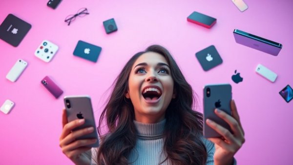 Excited woman with smart home technology devices in a vibrant setting.