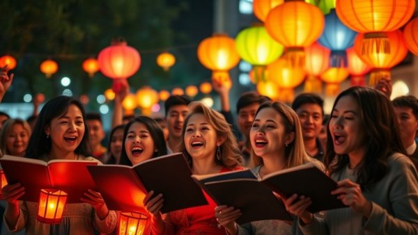 Diverse group celebrating Latino Christmas traditions with song and lanterns.