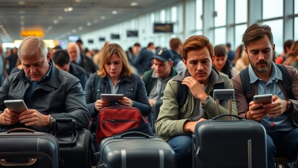Passengers at airport during winter storm flight cancellations.