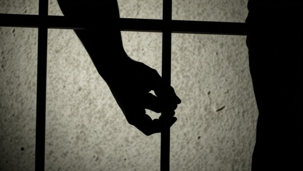 Shadow of person holding bars, symbolizing crime.