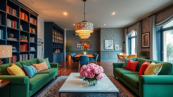 Eclectic living room showcasing color combinations for 2026, featuring bold blue, green, and orange hues.