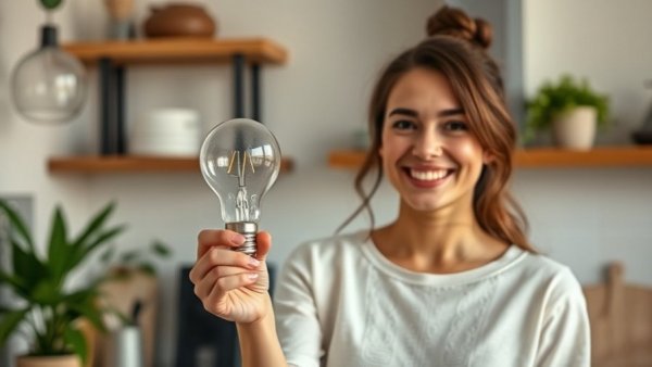 Woman holding LED bulb in kitchen, showcasing LED bulb lifespan.