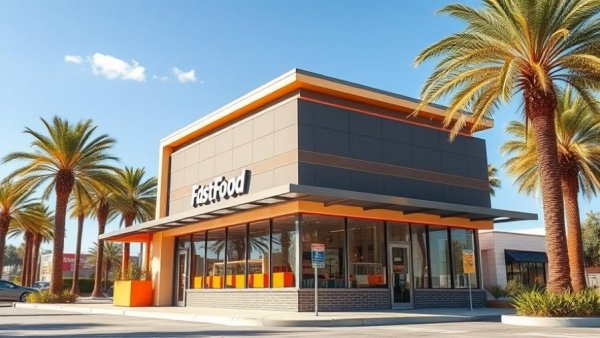 Modern fast-food restaurant exterior with palm trees, value meals in 2026