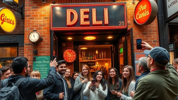 Cole's French Dips historic entrance with visitors and neon sign.