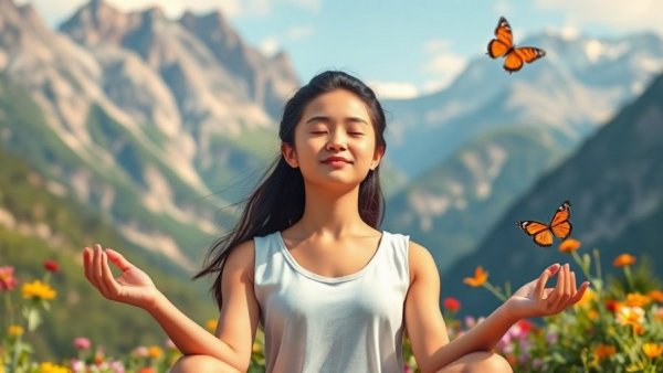 Peaceful meditation scene illustrating breathwork in a colorful natural landscape for addiction recovery.