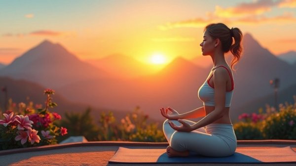 Woman practicing breathwork in nature, cartoon style, vibrant mountains.