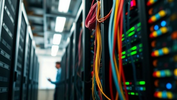 Modern data center with server racks and engineer working, California data center energy study.