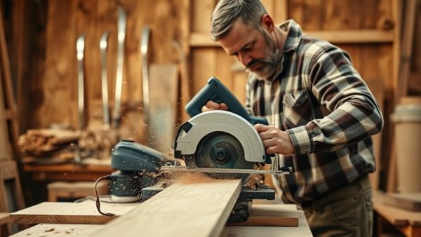Carpenter using saw in workshop, emphasizing 240V outlet use.