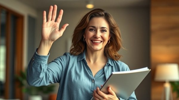 Cheerful woman waving warmly, GM stock performance 2025 focus.