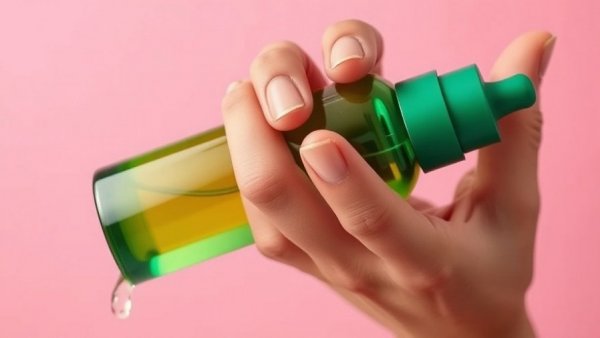 Close-up of green body oil bottle with liquid drips, clean premium self-care products.