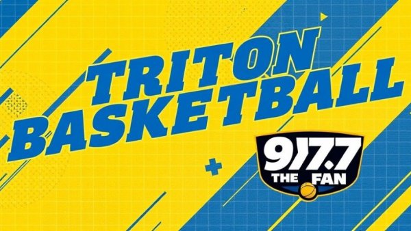 Triton Basketball promo on 97.3 The Fan with blue and yellow design.