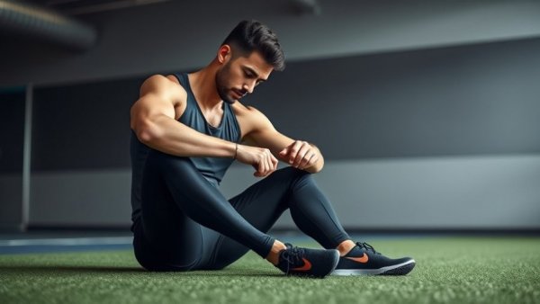 Man checking watch before workout on indoor turf, how long wait to work out after eating.