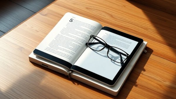 Tablet with book cover, glasses, and coffee cup on table.