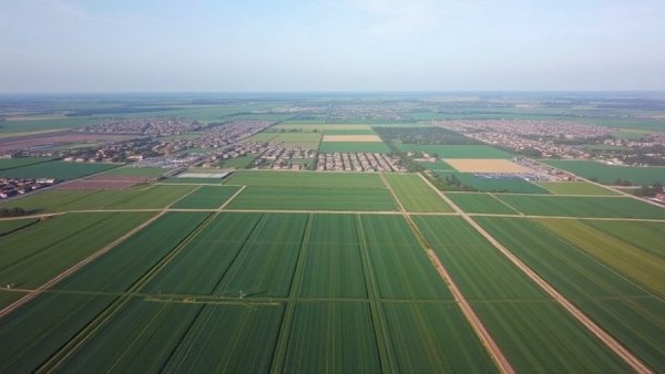 Aerial view of fields with geofencing markers illustrating smart home device technology.
